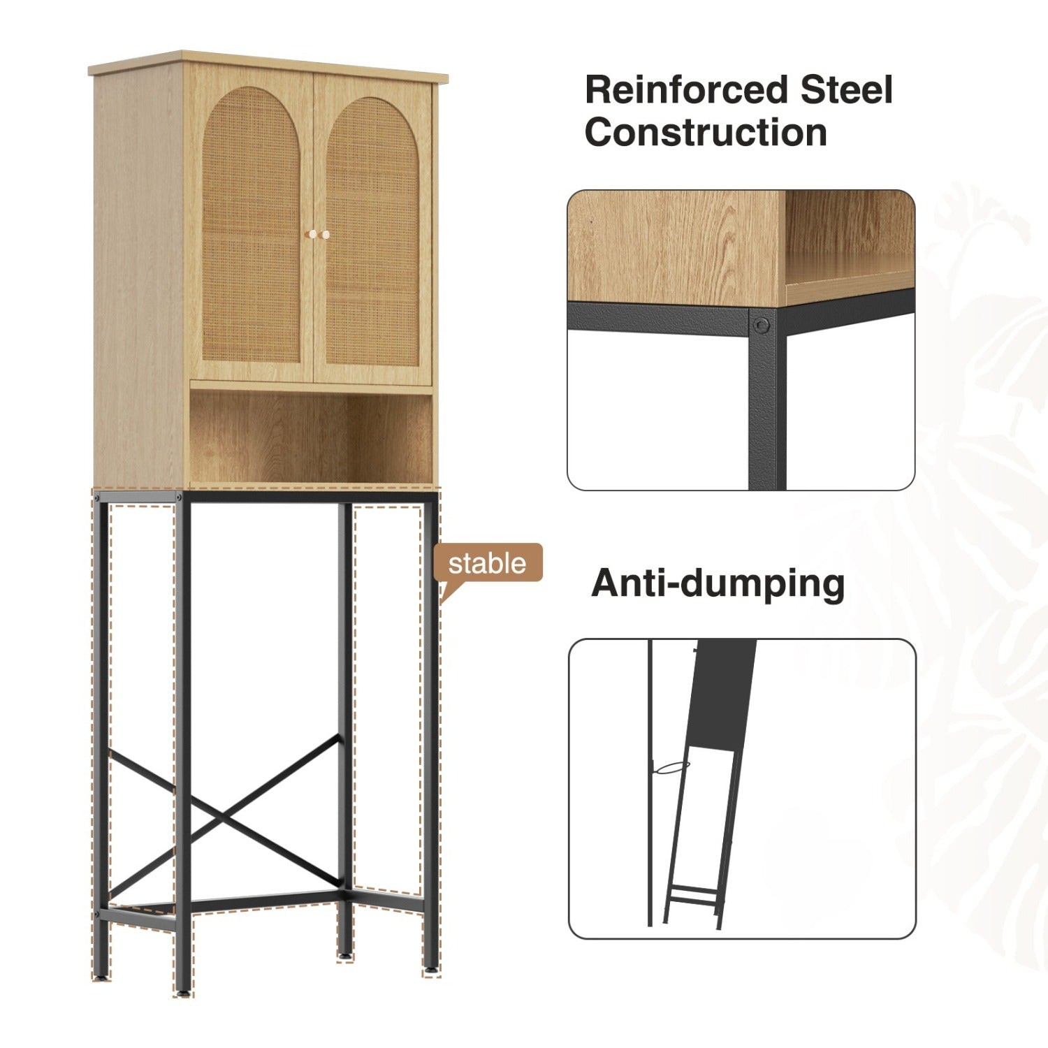 Natural Wood & Rattan Over-The-Toilet Storage Cabinet with Adjustable Shelves - Freestanding -Mounted Bathroom Shelf Unit, Space-Saving Frame Suitable for Bathrooms, Natural Wood Color, Assembly for Small Spaces