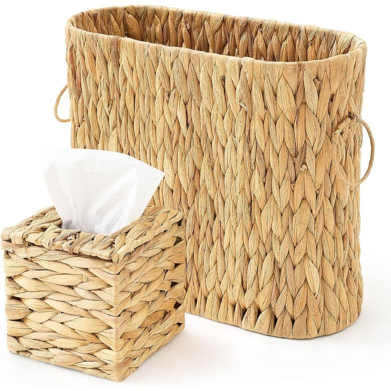 2pcs Natural Hyacinth Toilet Paper Holder & Cover Storage Set - Rustic Boho Plastic Tissue Box Organizer Basket Suitable for up to 8 Mega Rolls, No Installation Required, Space-Saving Bathroom Shelf Decor for Bath Accessories Organizer, Toilet Paper