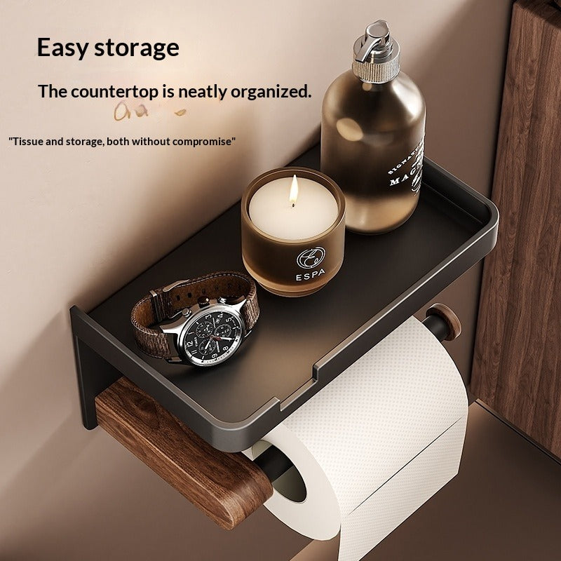 Walnut Bathroom Tissue Box | Punch-Free, Rectangle Wooden Toilet Paper Roll Holder for Face Towel Storage