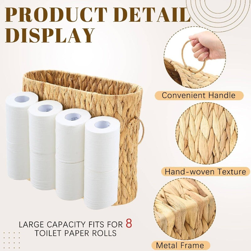 2pcs Natural Hyacinth Toilet Paper Holder & Cover Storage Set - Rustic Boho Plastic Tissue Box Organizer Basket Suitable for up to 8 Mega Rolls, No Installation Required, Space-Saving Bathroom Shelf Decor for Bath Accessories Organizer, Toilet Paper