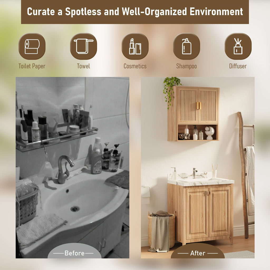 Bathroom Storage Cabinet with Adjustable Shelves, Over The Toilet Organizer for Laundry Room, Kitchen & Living Room, Medicine Cabinet with Wood Doors Natural Oak