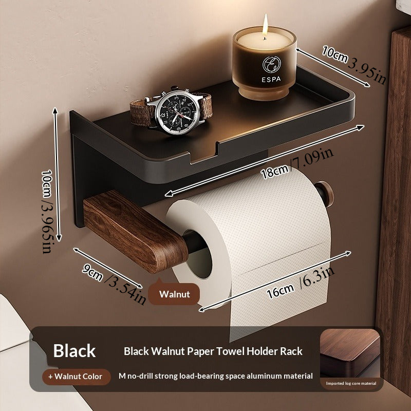 Walnut Bathroom Tissue Box | Punch-Free, Rectangle Wooden Toilet Paper Roll Holder for Face Towel Storage