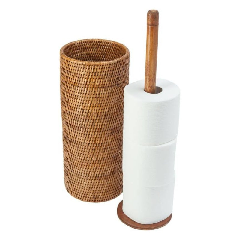 3 Rolls La Jolla Hand Woven Rattan Toilet Roll Stand | Honey Brown, No Installation Required, Dimensions 17.145x 17.145x 52.07 Inches, Toilet Paper Storage Containers