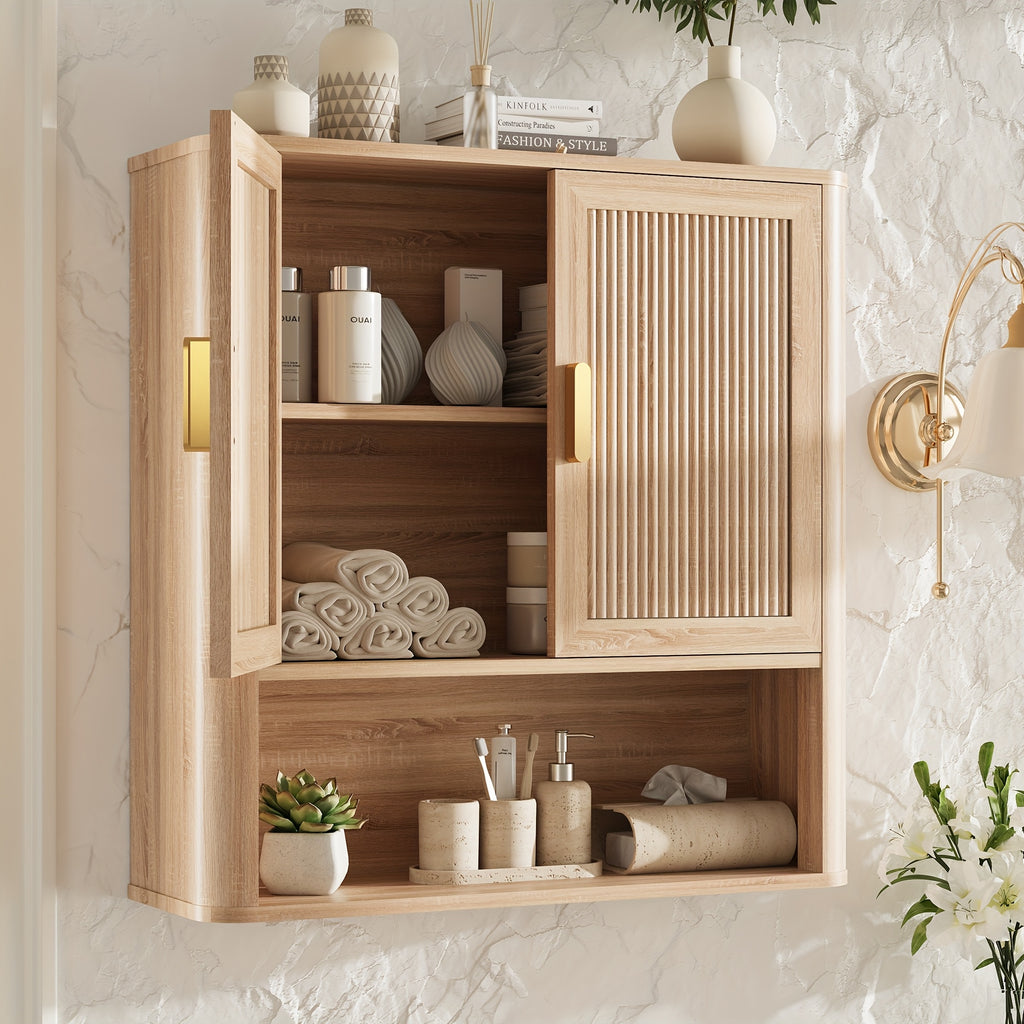 Bathroom Storage Cabinet with Adjustable Shelves, Over The Toilet Organizer for Laundry Room, Kitchen & Living Room, Medicine Cabinet with Wood Doors Natural Oak
