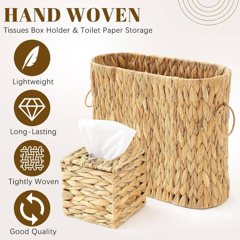 2pcs Natural Hyacinth Toilet Paper Holder & Cover Storage Set - Rustic Boho Plastic Tissue Box Organizer Basket Suitable for up to 8 Mega Rolls, No Installation Required, Space-Saving Bathroom Shelf Decor for Bath Accessories Organizer, Toilet Paper