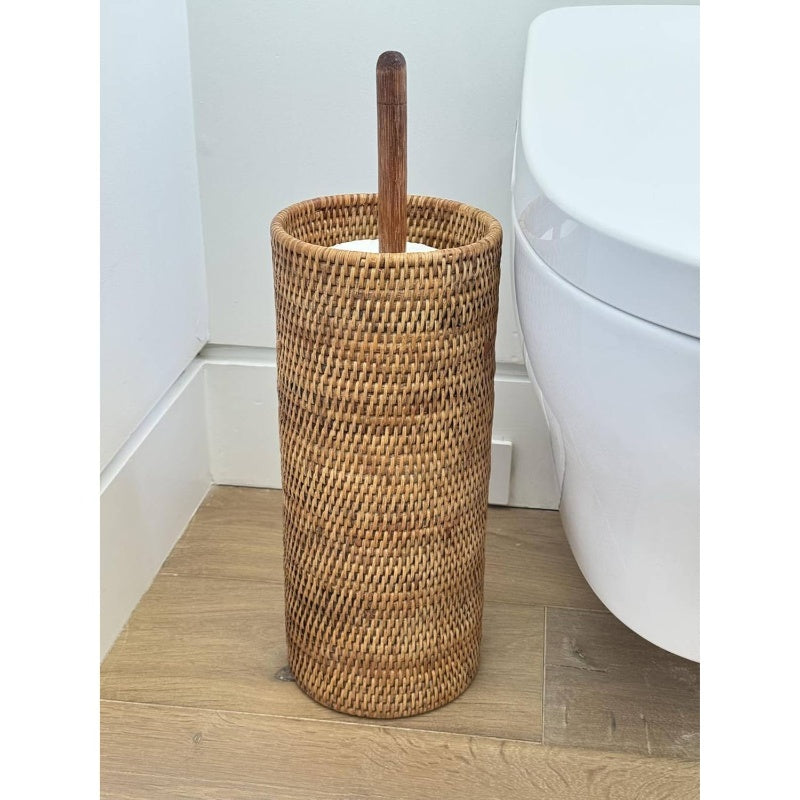 3 Rolls La Jolla Hand Woven Rattan Toilet Roll Stand | Honey Brown, No Installation Required, Dimensions 17.145x 17.145x 52.07 Inches, Toilet Paper Storage Containers