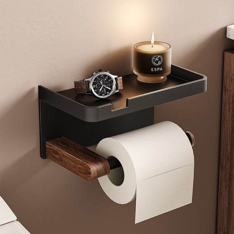 Walnut Bathroom Tissue Box | Punch-Free, Rectangle Wooden Toilet Paper Roll Holder for Face Towel Storage