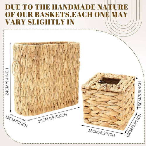 2pcs Natural Hyacinth Toilet Paper Holder & Cover Storage Set - Rustic Boho Plastic Tissue Box Organizer Basket Suitable for up to 8 Mega Rolls, No Installation Required, Space-Saving Bathroom Shelf Decor for Bath Accessories Organizer, Toilet Paper