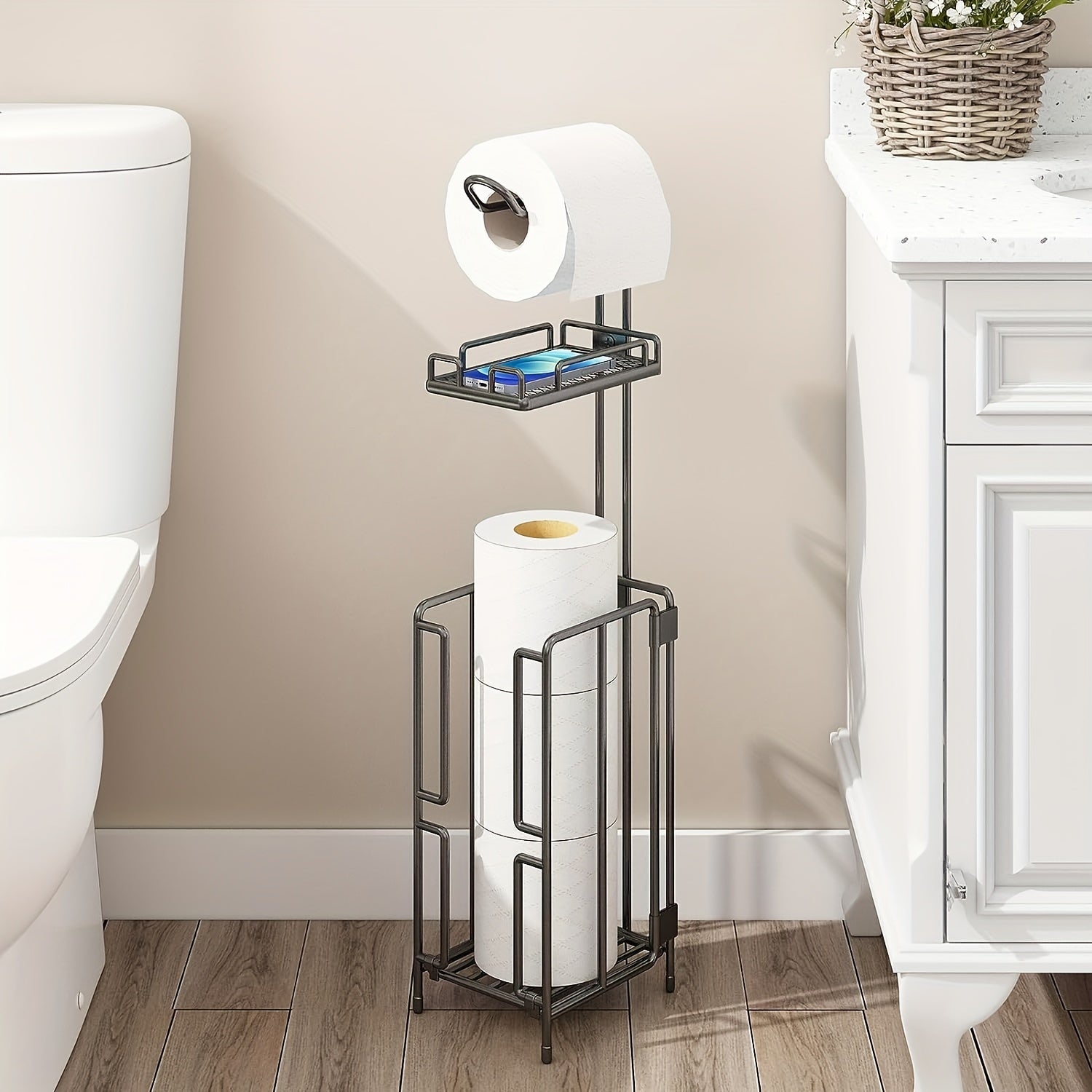 Freestanding Toilet Paper Holder, Metal Trim Freestanding Toilet Paper Roll Holder And Dispenser to Store 3 Extra Rolls Of Reserve Toilet Paper, Christmas