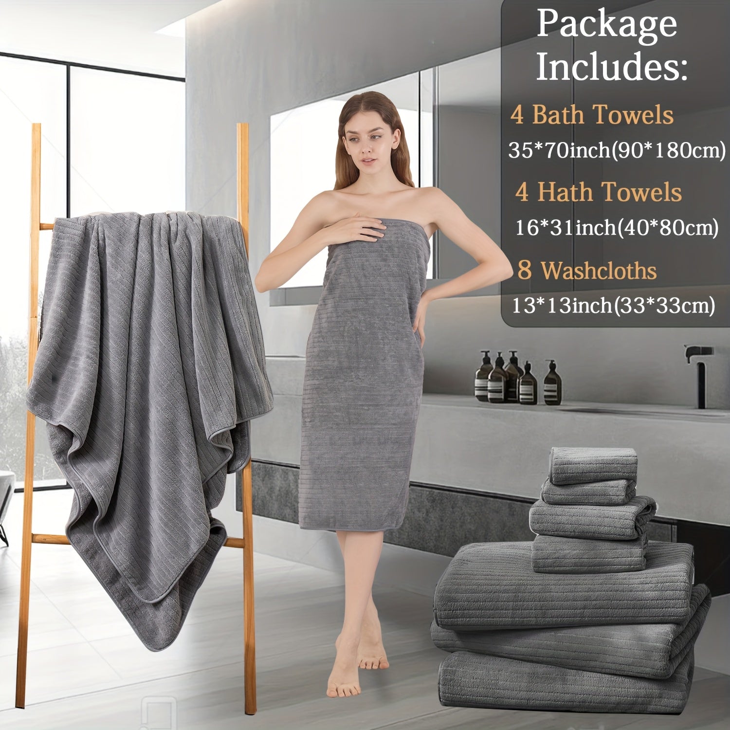16pcs Oversized Bath Towel Set-4 Extra Large Bath Towel Sheets, 4 Hand Towels, 8 Washcloths Soft Highly Absorbent Quick  Shower Towels for Bathroom, Gym, Hotel & Spa, 100% Microfiber